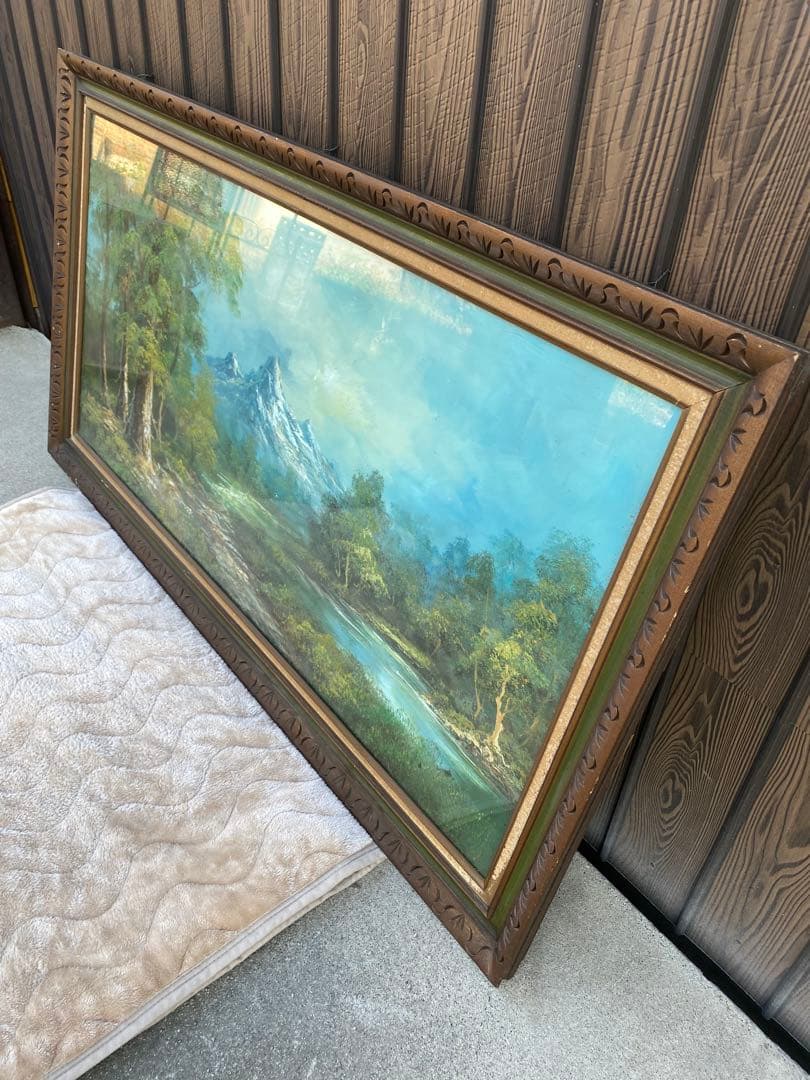 風景画　油彩　木製フレーム付　山水画　特大　大判　アンティーク　絵画