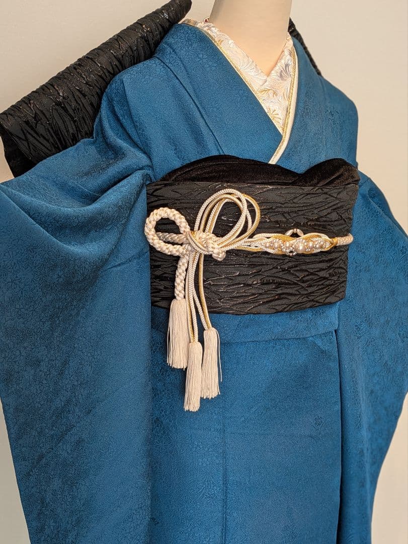 振袖フルセット 身丈152裄64 色無地振袖 青藍色 地紋 やまと誂え 成人式