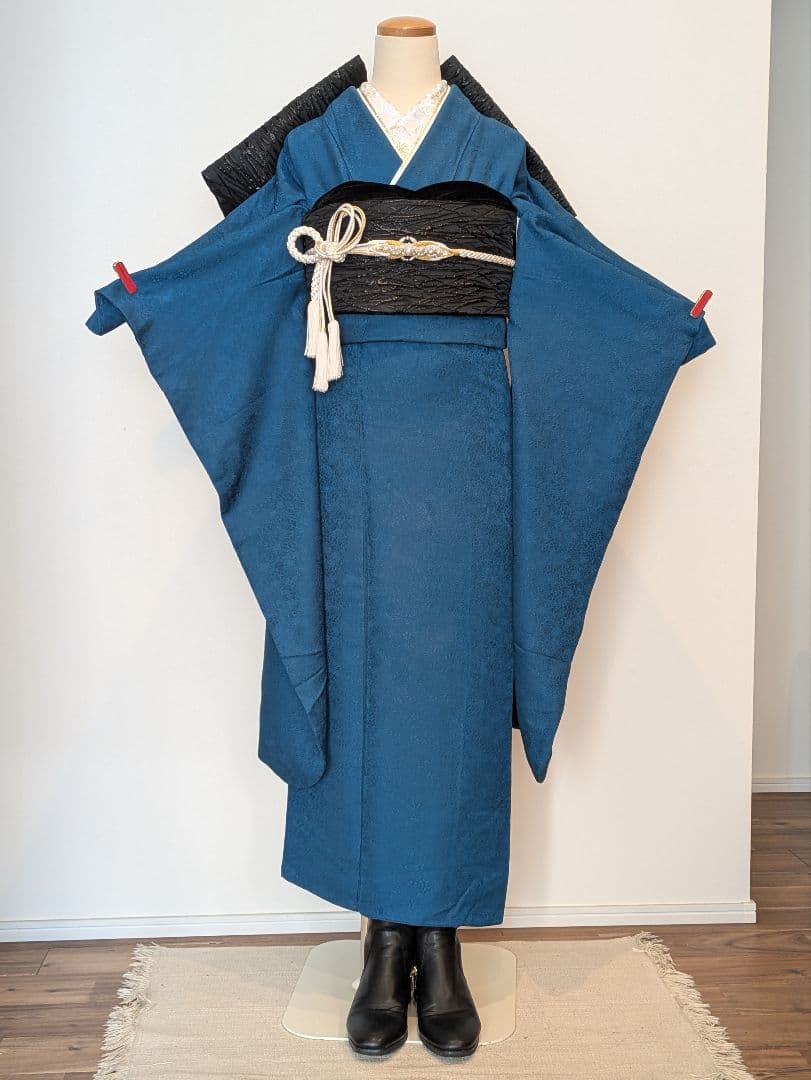 振袖フルセット 身丈152裄64 色無地振袖 青藍色 地紋 やまと誂え 成人式