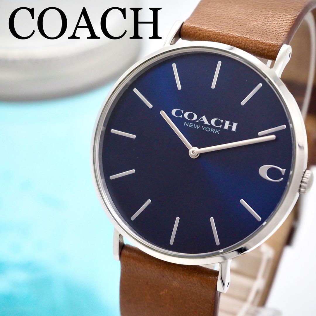 713【美品】COACH　メンズ　時計　ネイビー　ブルー　箱付き　ブラウン