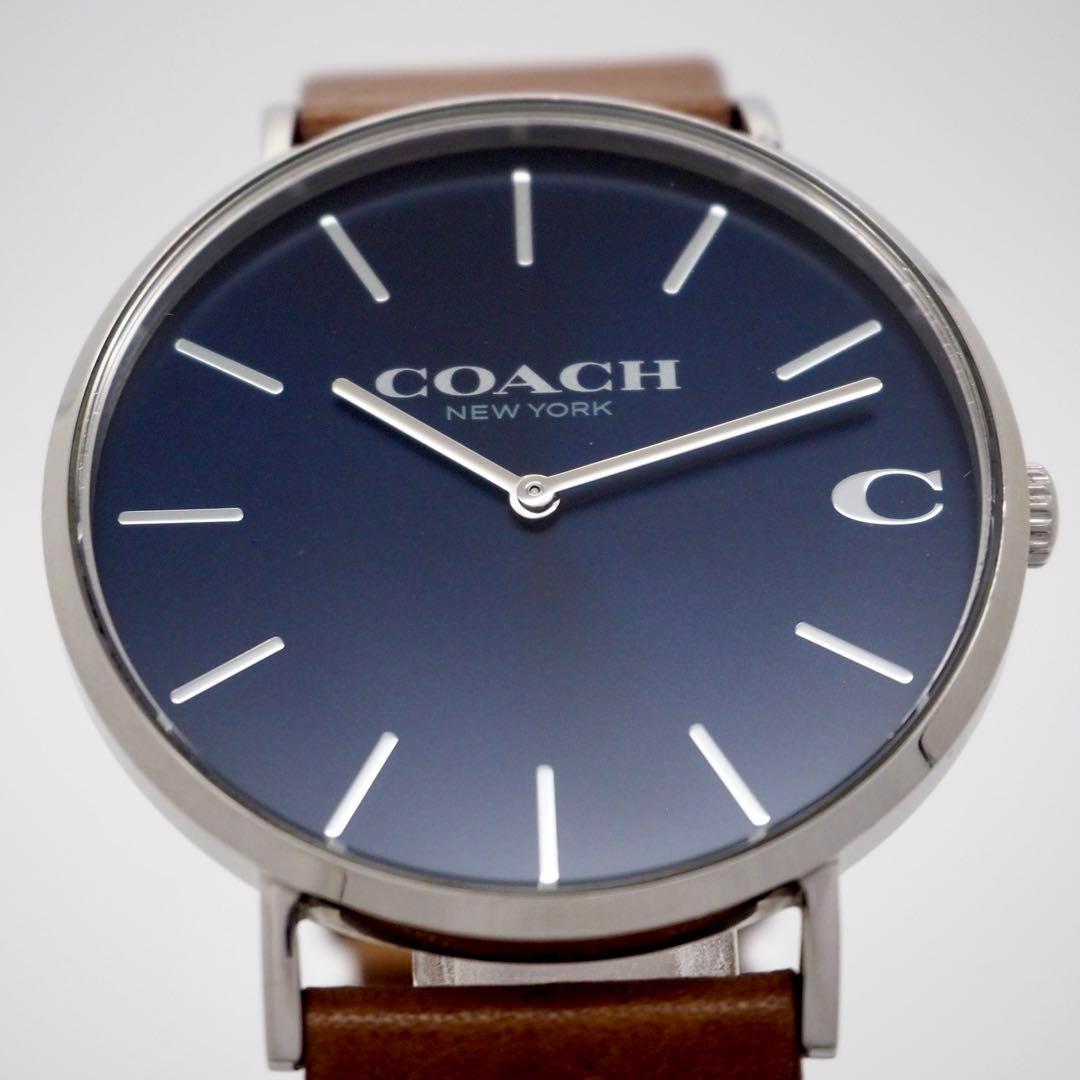 713【美品】COACH　メンズ　時計　ネイビー　ブルー　箱付き　ブラウン