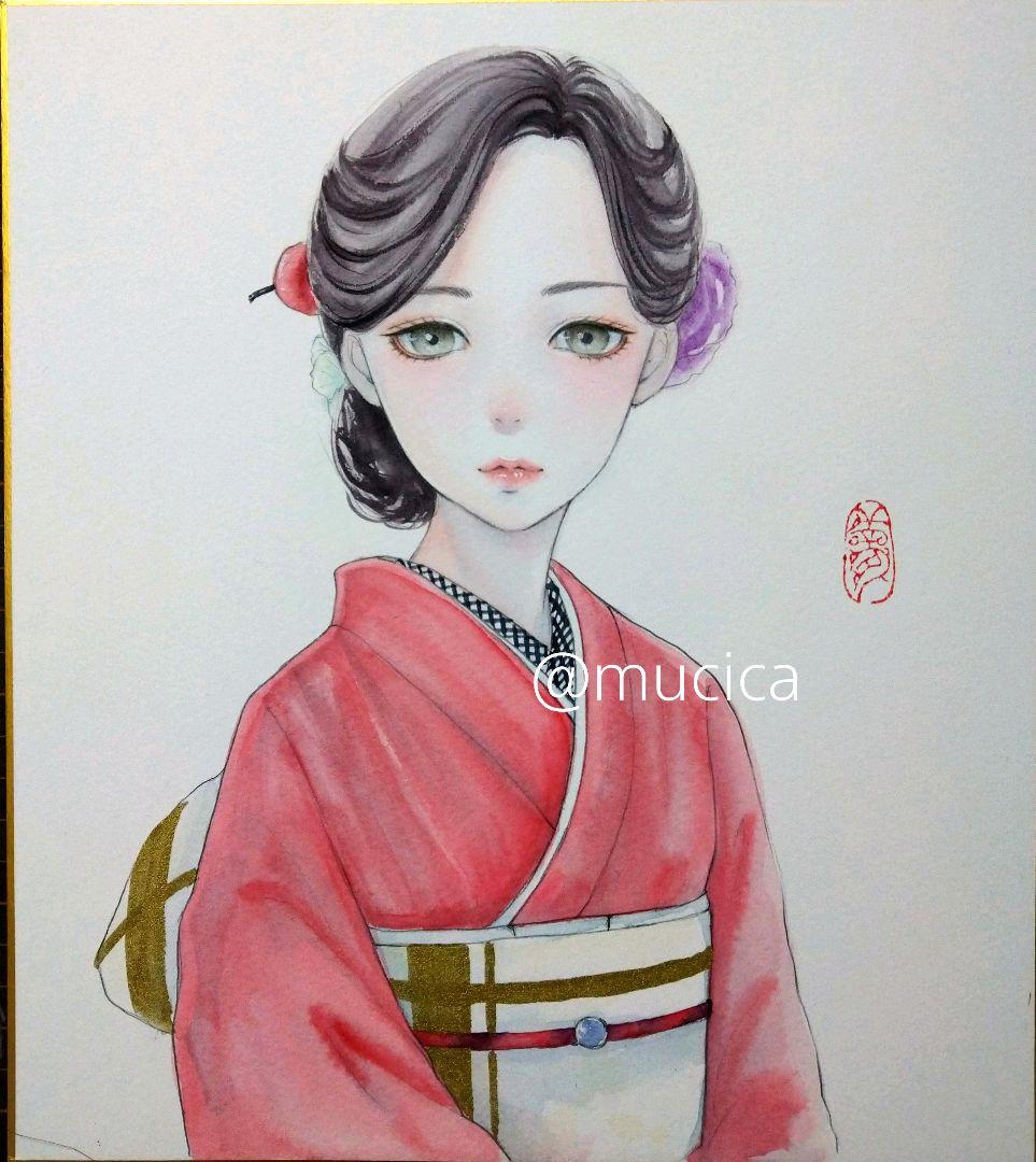 専用　画　美人画　原画　手描きイラスト　水彩画　和装　正月