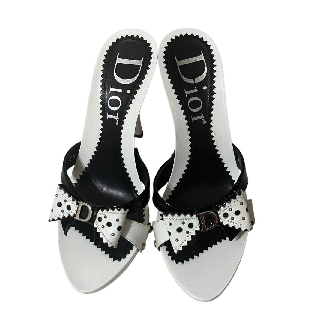 Dior ディオール ミュール サンダル 白黒 35 ロゴ リボン レディース