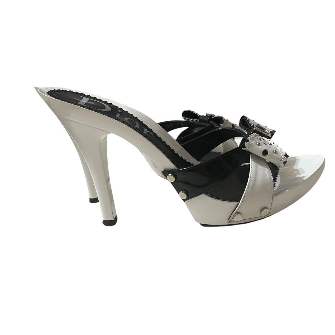 Dior ディオール ミュール サンダル 白黒 35 ロゴ リボン レディース