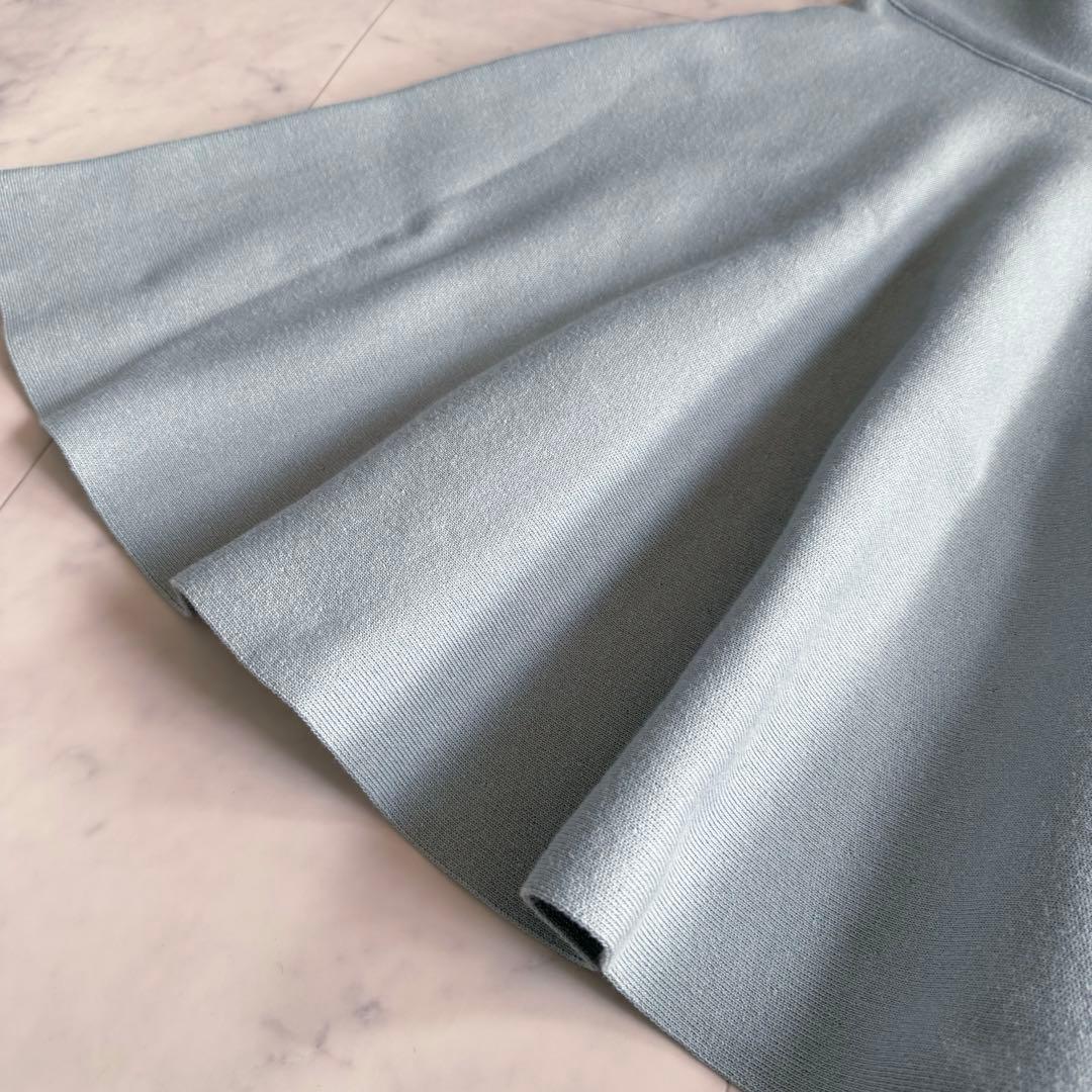 美品★フォクシー ニットフレアスカート ロゴプレート スモーキーブルー 40