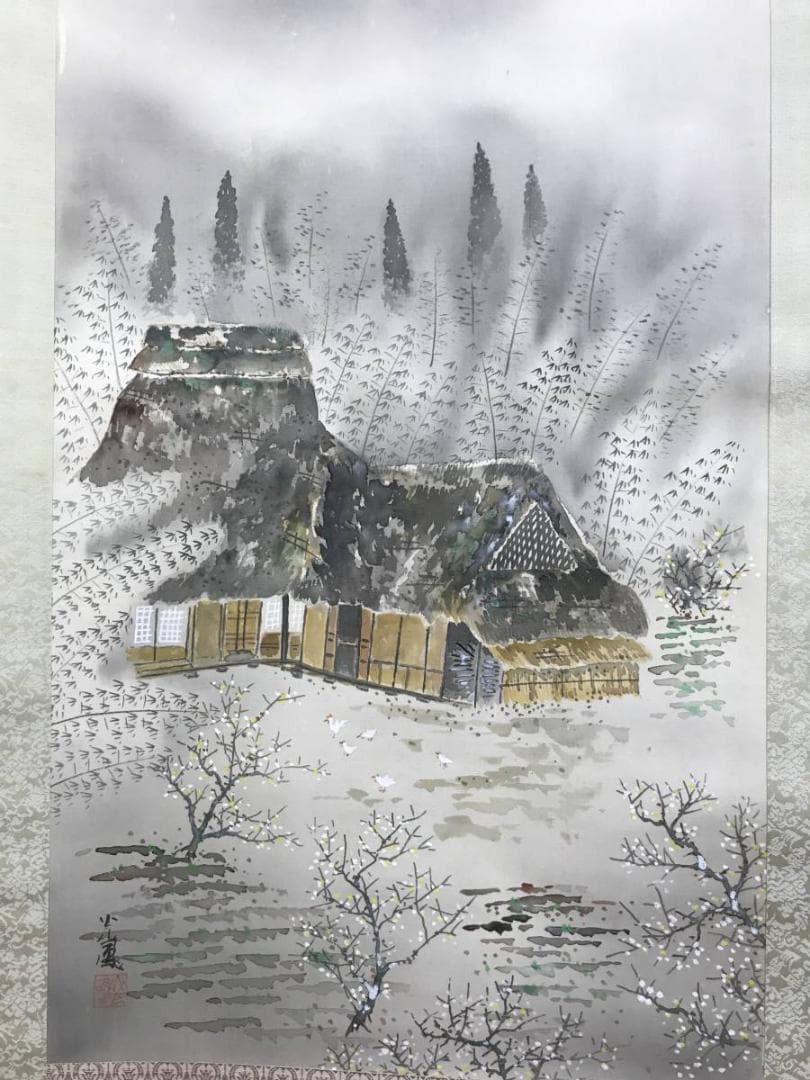 【真作】山東光風/早春田家図/山水図/梅花山水図/掛軸☆宝船☆AD-809