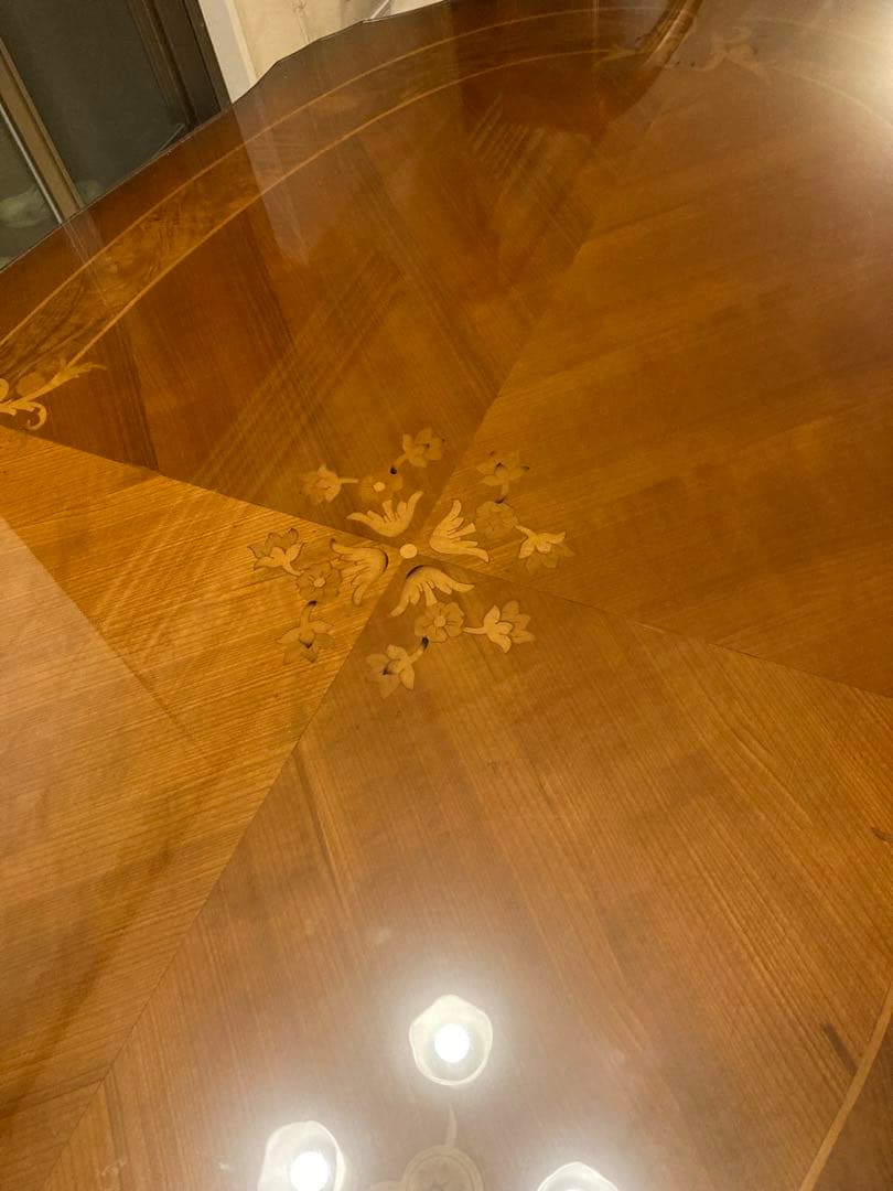 ★イタリア　アンティーク　象嵌　ダイニングテーブル　カットガラス付き