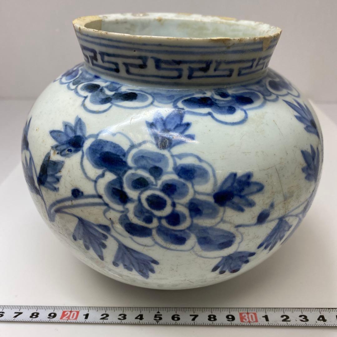 李朝　染付　牡丹文　壺　高さ約15.1㎝　トヒオウ　東さ7-0728③