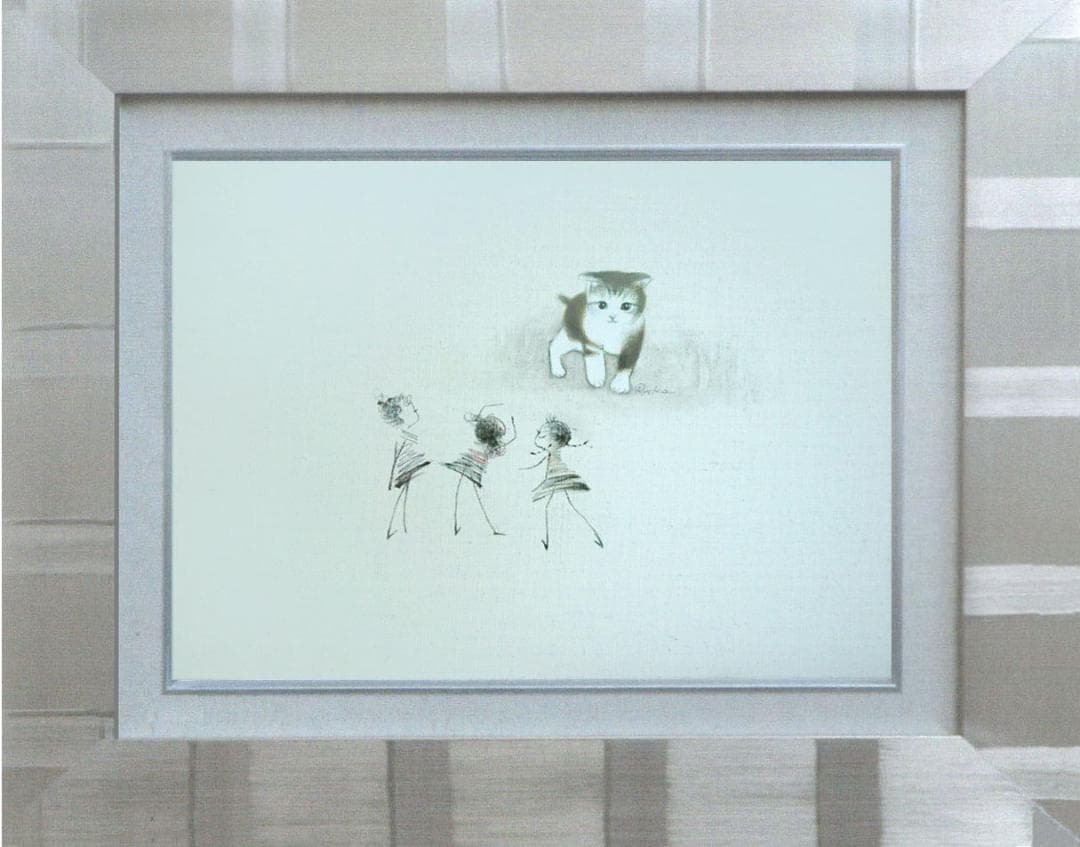 油絵 菅家令子 絵 絵画インテリア額付(銀) F4-090218子猫女の子蟻さん