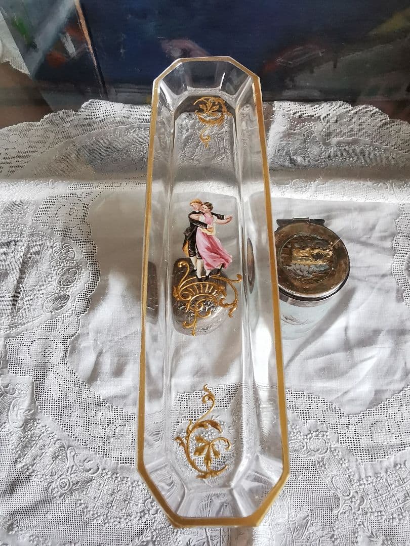 アンティーク ロブマイヤー 手描きエナメル盛上げ金彩 ペアのダンス 八面体トレイ