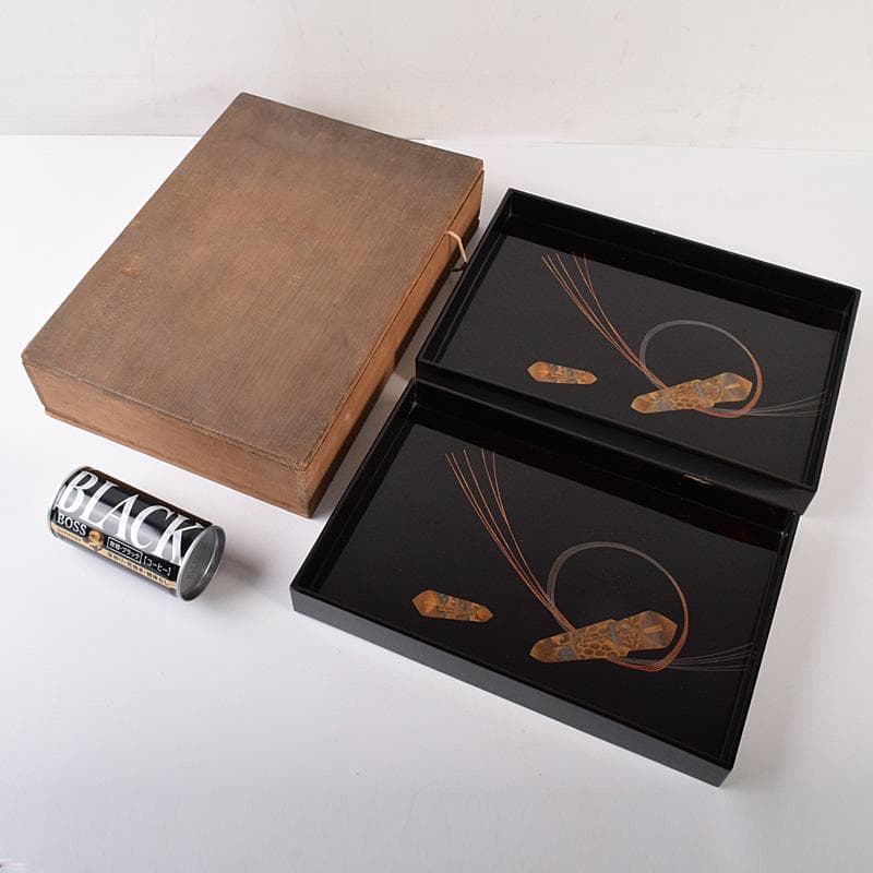 時代漆塗　黒漆　金蒔絵　盆一対　時代箱付　C　R7778