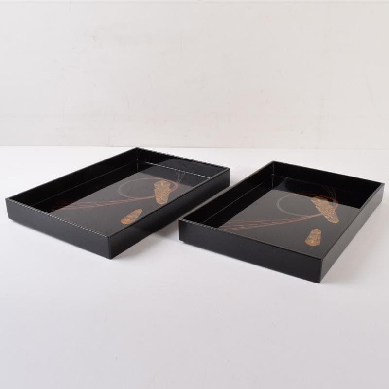 時代漆塗　黒漆　金蒔絵　盆一対　時代箱付　C　R7778