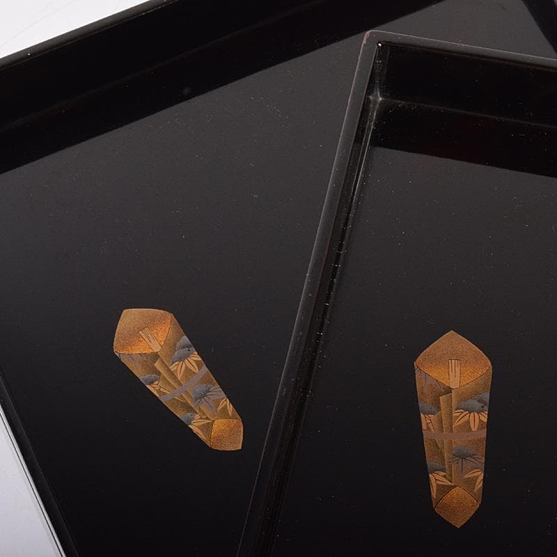 時代漆塗　黒漆　金蒔絵　盆一対　時代箱付　C　R7778