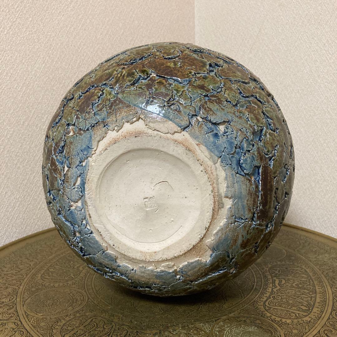 瀬戸焼　末広窯　中島翁介　緑釉花瓶　飾り壺　特大　高さ32㌢　烈紋