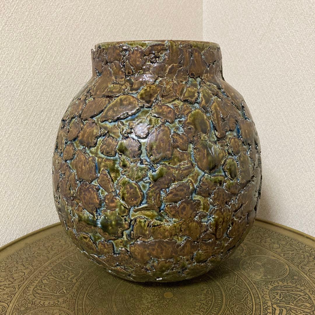 瀬戸焼　末広窯　中島翁介　緑釉花瓶　飾り壺　特大　高さ32㌢　烈紋