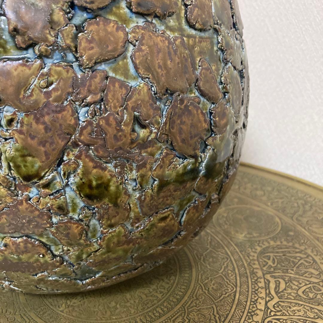 瀬戸焼　末広窯　中島翁介　緑釉花瓶　飾り壺　特大　高さ32㌢　烈紋