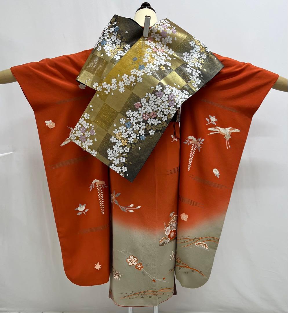 振り袖　フルセット　別誂長襦袢付　小柄な方に♪ オレンジ　振袖　金彩加工　627
