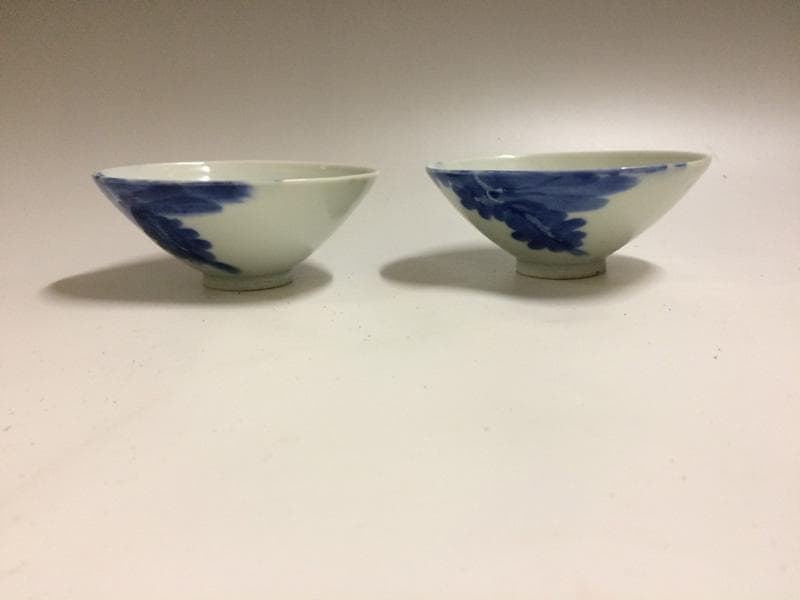 期間限定特価！★昭和レトロ★ 人気！染付手描　龍と富士紋　茶碗　2個 昭和初期