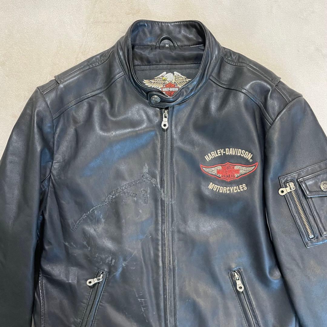 HARLEYDAVIDSON レザージャケット　シングルライダース　刺繍ロゴ M