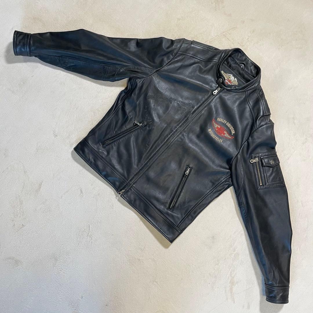 HARLEYDAVIDSON レザージャケット　シングルライダース　刺繍ロゴ M
