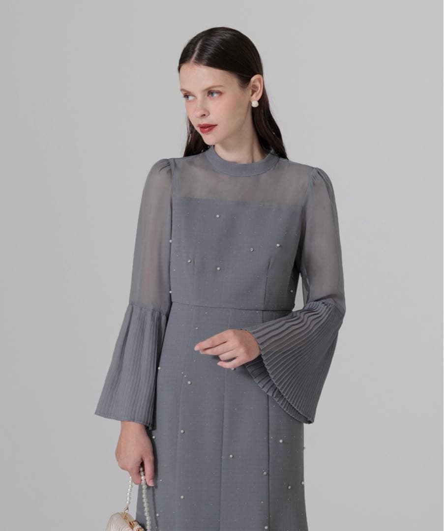 Leja パールビジュー付き透け感プリーツフレアスリーブビーズマーメイドドレス