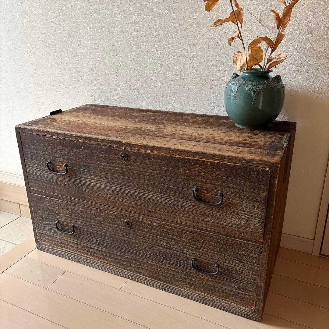 木製アンティーク箪笥 ダークブラウン 2段引き出し　昭和　レトロ