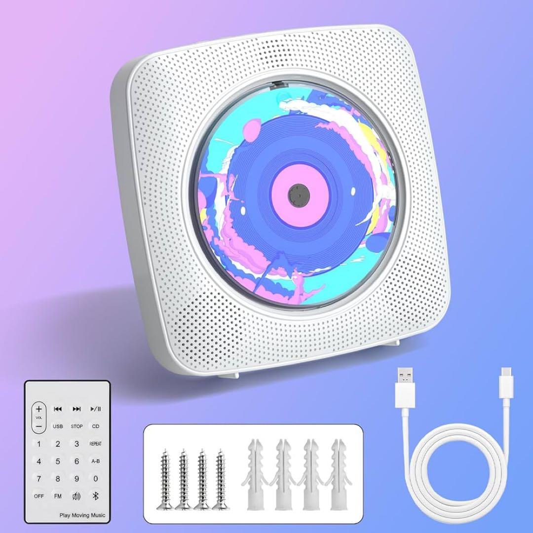 CDプレーヤー Bluetooth 卓上 壁掛け式 FMラジオ ホワイト