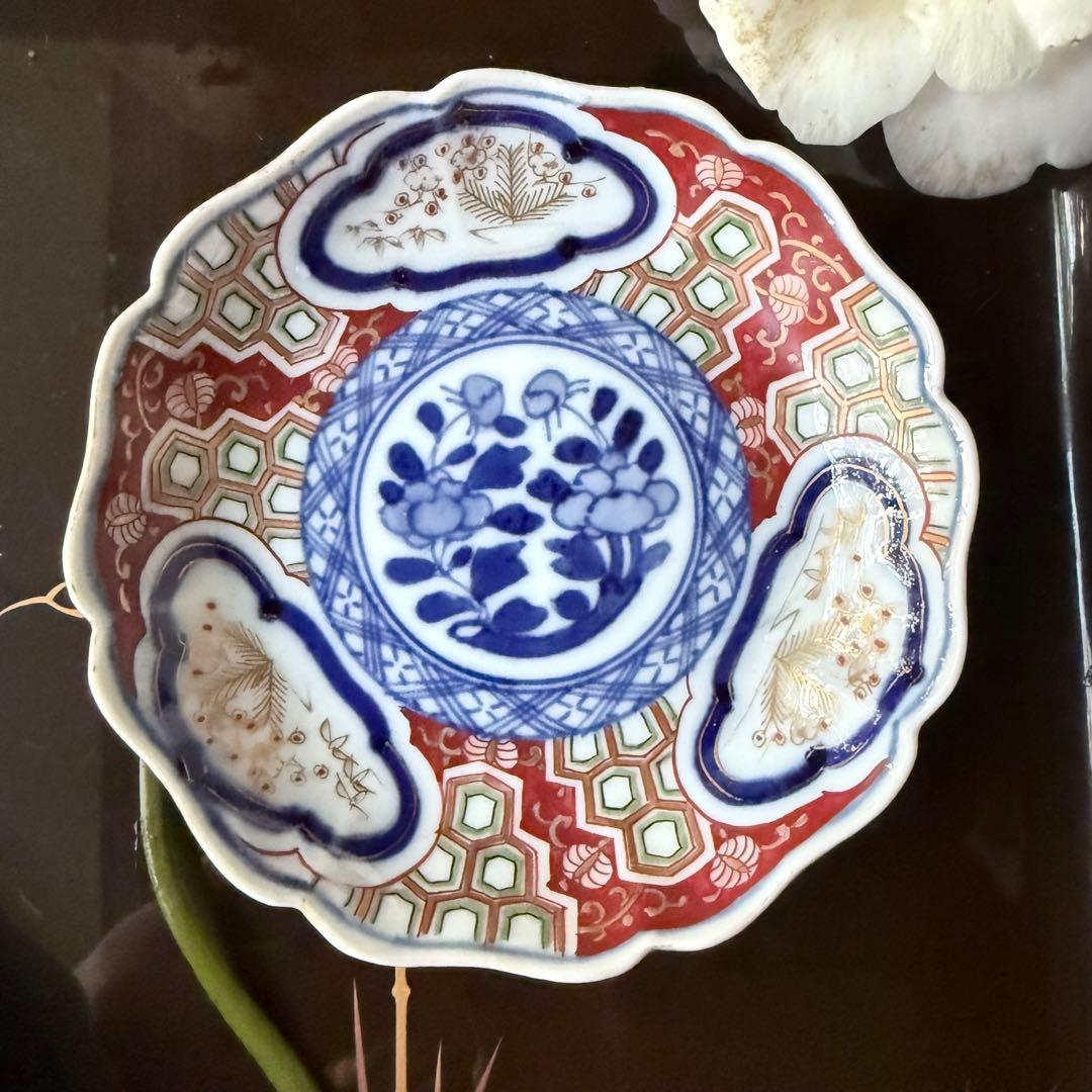 超限定2日20時迄❣旧家蔵出江戸期最上手牡丹と亀甲❌松竹梅大聖寺伊万里小皿5客