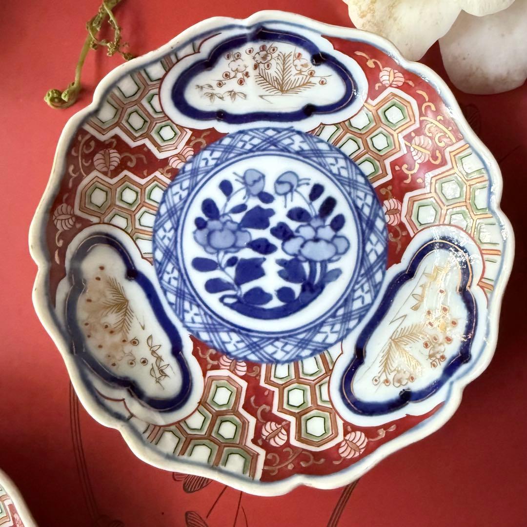 超限定2日20時迄❣旧家蔵出江戸期最上手牡丹と亀甲❌松竹梅大聖寺伊万里小皿5客