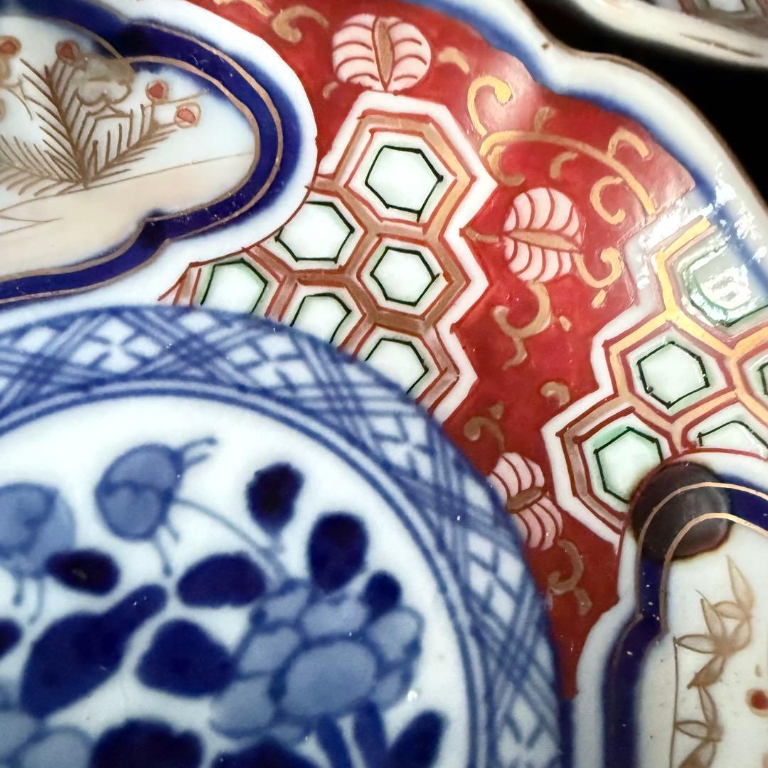 超限定2日20時迄❣旧家蔵出江戸期最上手牡丹と亀甲❌松竹梅大聖寺伊万里小皿5客