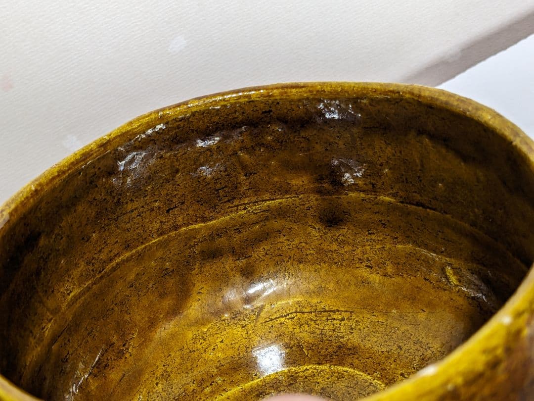 ♦茶道具 京焼 清水焼 二代 吉村楽入作 飴釉 山水図 篦彫り 抹茶碗 骨董品