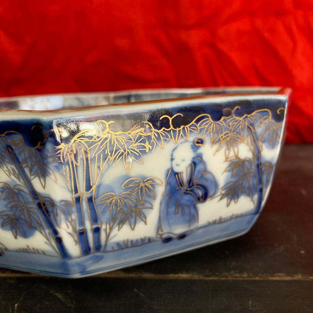 古伊万里　色絵金彩　八角鉢　龍鳳神獣蝶鹿竹林人物図　富貴長春　江戸期