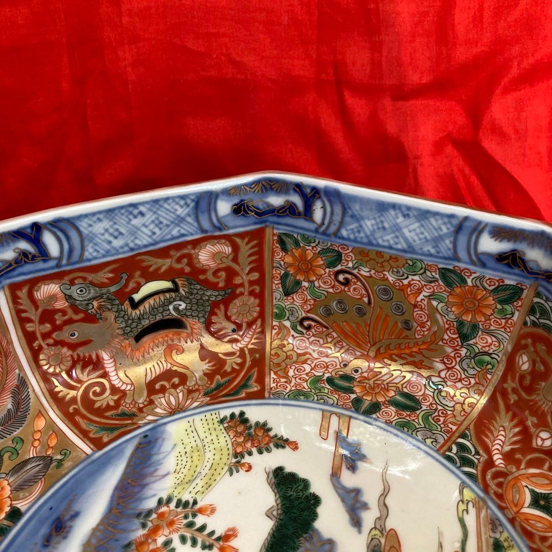 古伊万里　色絵金彩　八角鉢　龍鳳神獣蝶鹿竹林人物図　富貴長春　江戸期