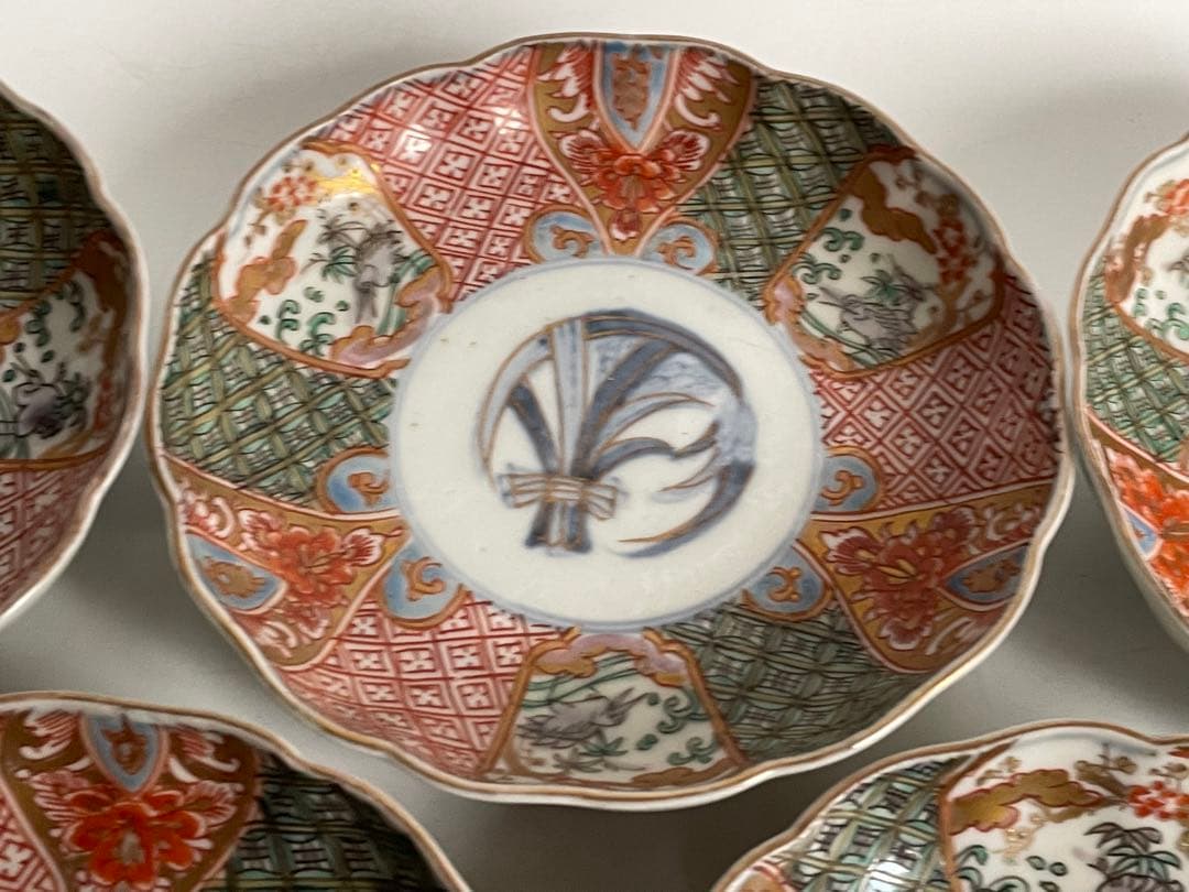 骨董　アンティーク　金襴手　輪花縁　小皿　稲穂文様　5枚