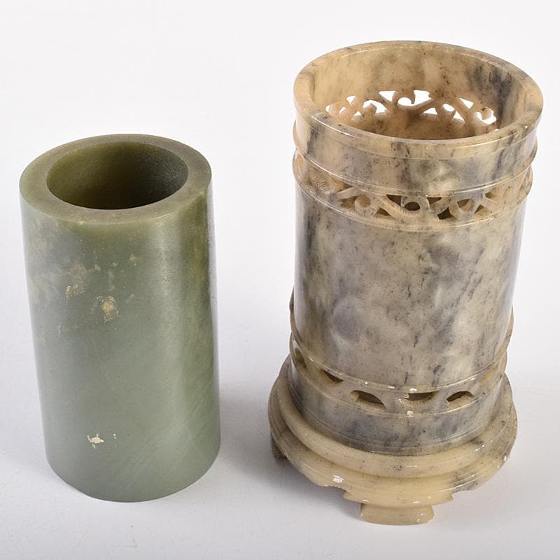 中国　玉石彫刻　蓮刻　玉器　筆筒　二点まとめて　C　R7634