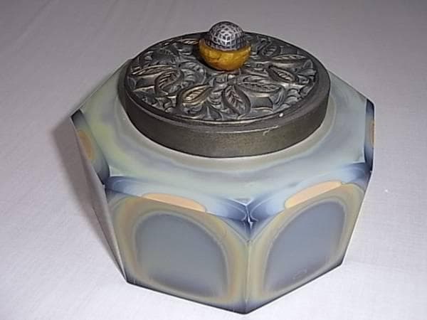 美品大正時代◆八角形 瑪瑙ガラス マーブル模様ガラス工芸 蓋銀製 ボンボニエール