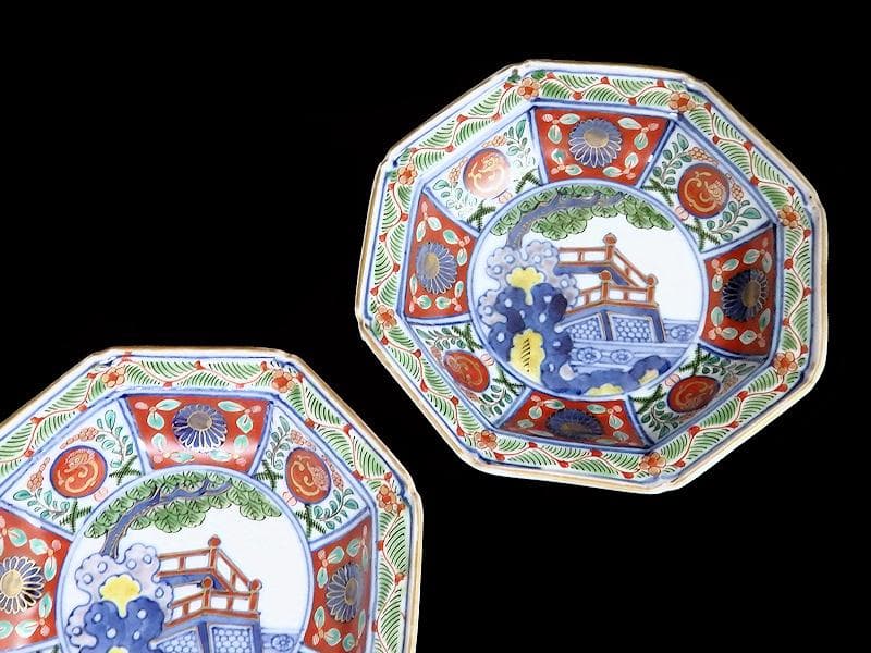 大聖寺伊万里　金襴手　菊に団龍紋　岩に欄干の図　八角４寸皿D702AS-CEd