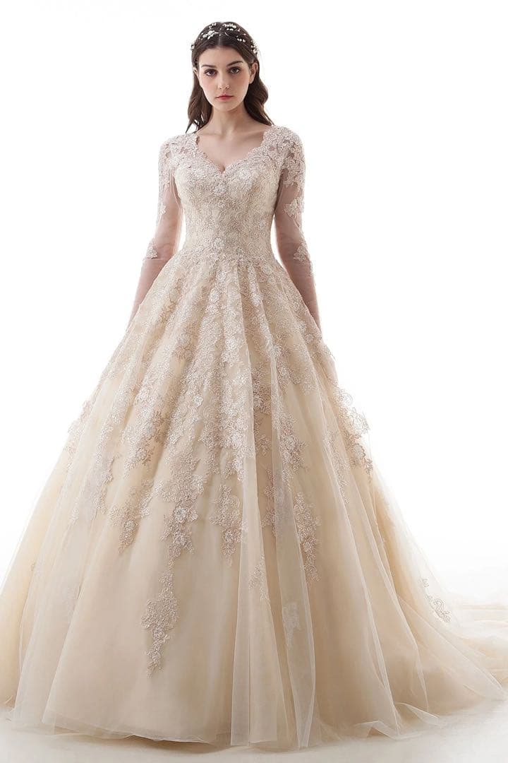 アイボリー　刺繍入り 長袖ウェディングドレス　フォトウェディング