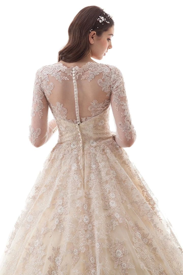 アイボリー　刺繍入り 長袖ウェディングドレス　フォトウェディング