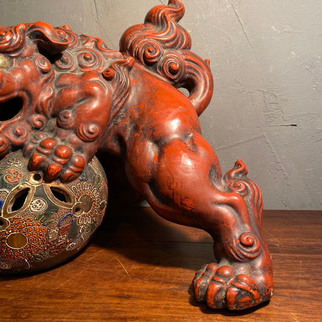 時代物 九谷焼 玉乗り獅子 置物 30cm超え 骨董品 魔除け オブジェ 古手