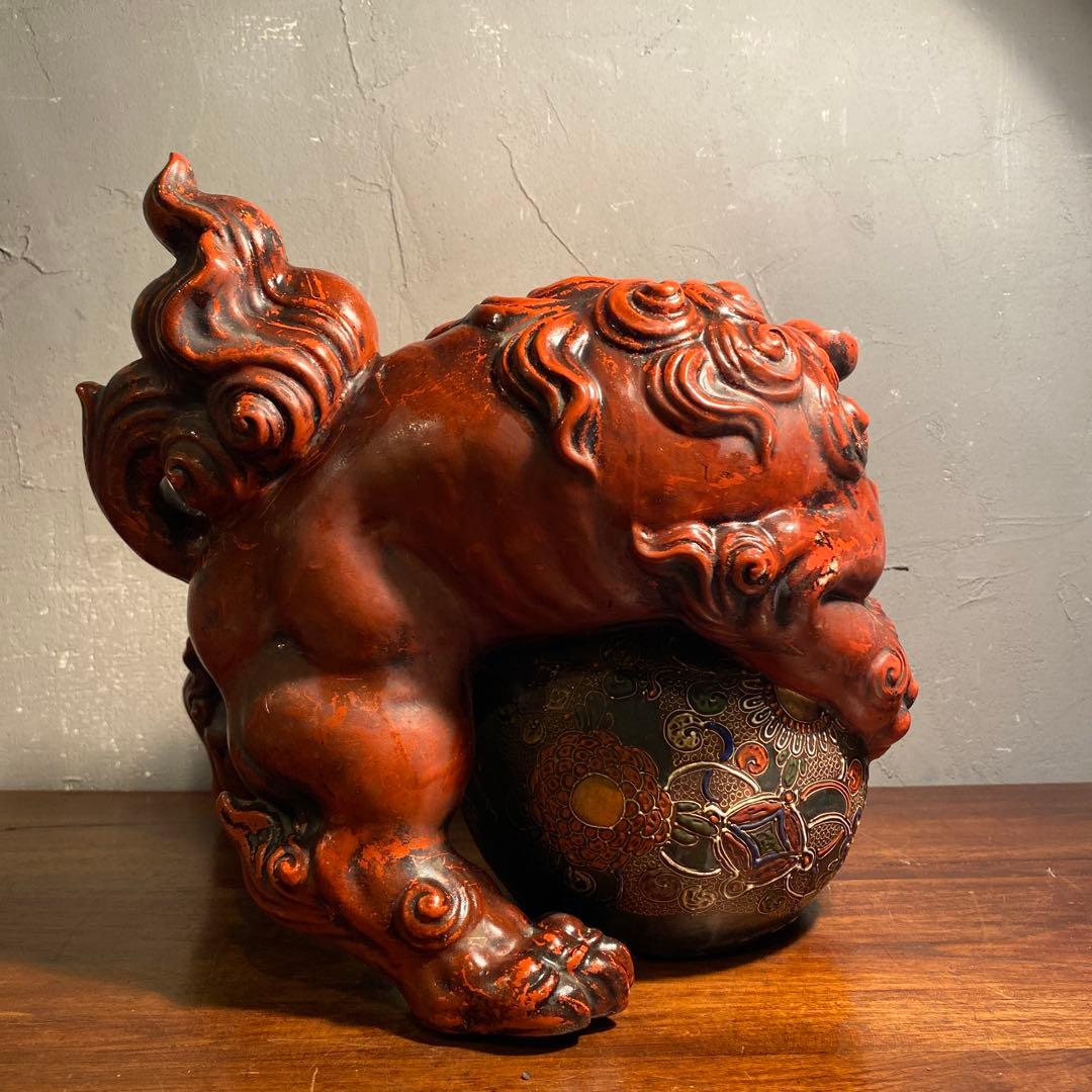 時代物 九谷焼 玉乗り獅子 置物 30cm超え 骨董品 魔除け オブジェ 古手
