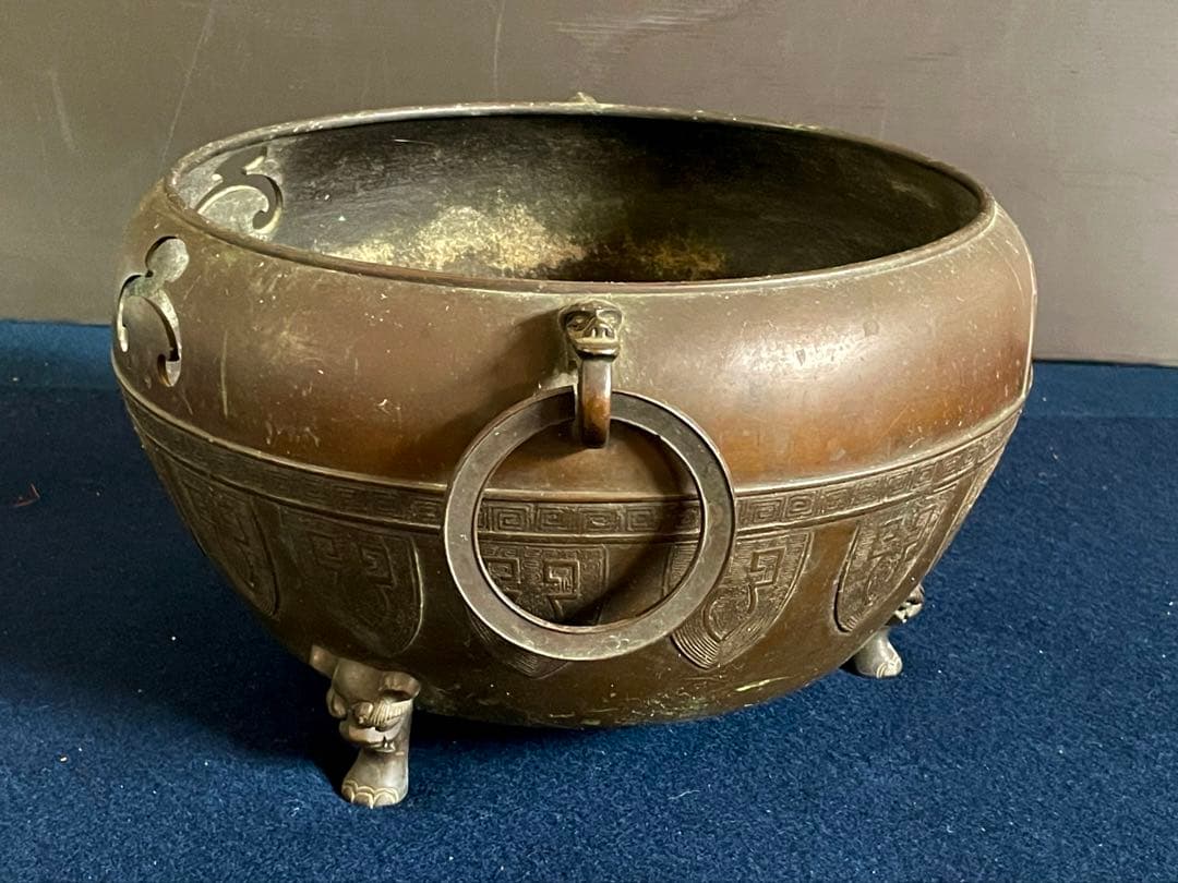 『母』 古銅 瓔珞文 獣足 遊鐶 瓶掛 煎茶道具 （あ④）
