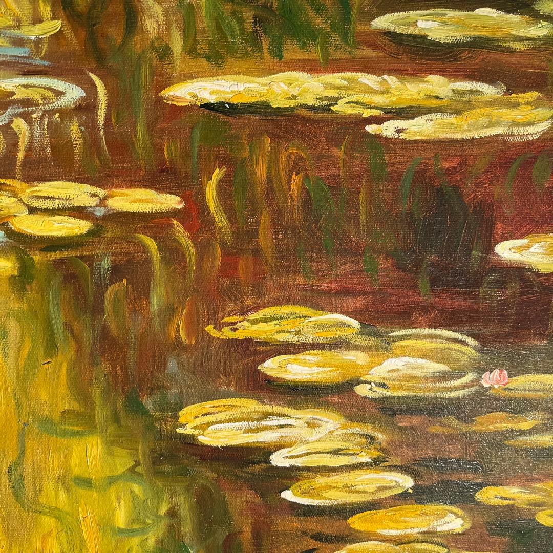 ★特秀作★ 手書き油絵 モネ 睡蓮の池 黄金色(大)額付 絵画 油彩画