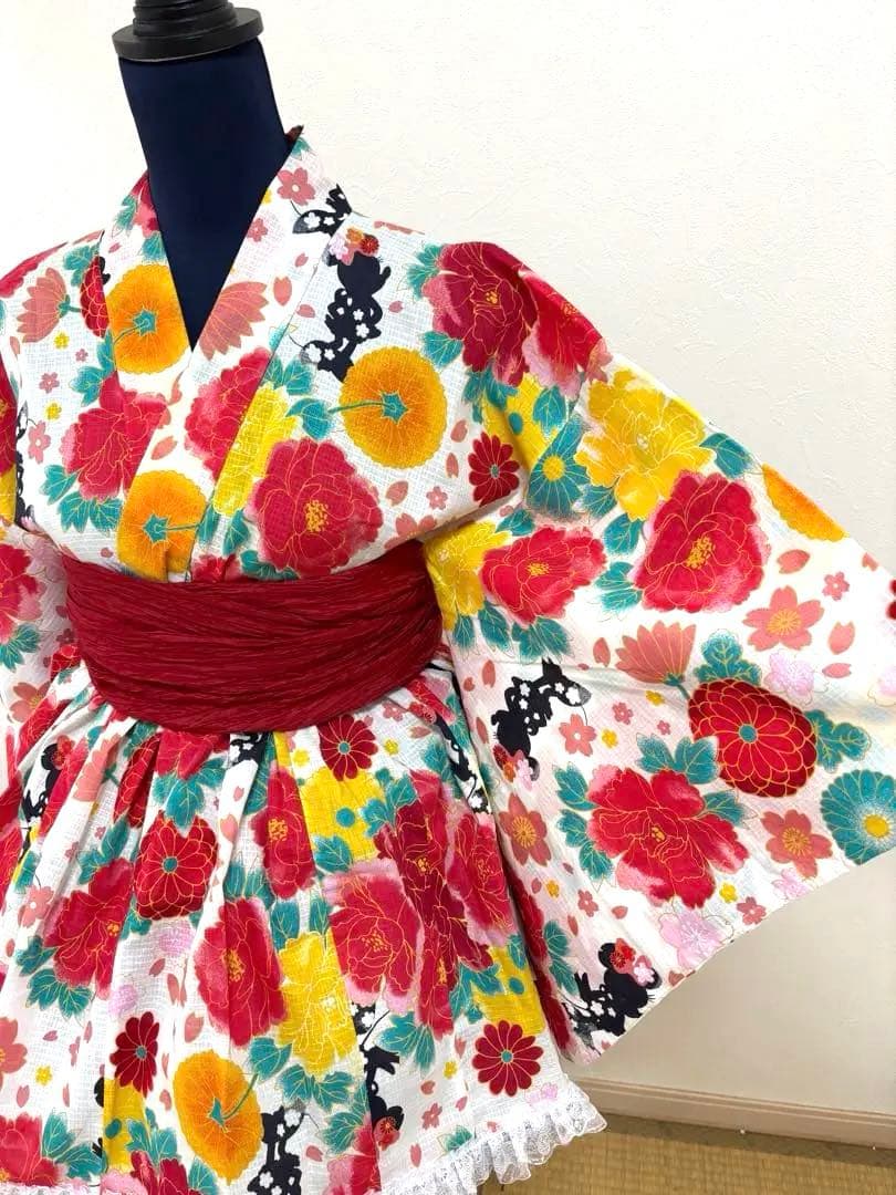 【創作】オリジナル浴衣 ミニ丈 ドレス浴衣ディズニー柄　兵児帯セット