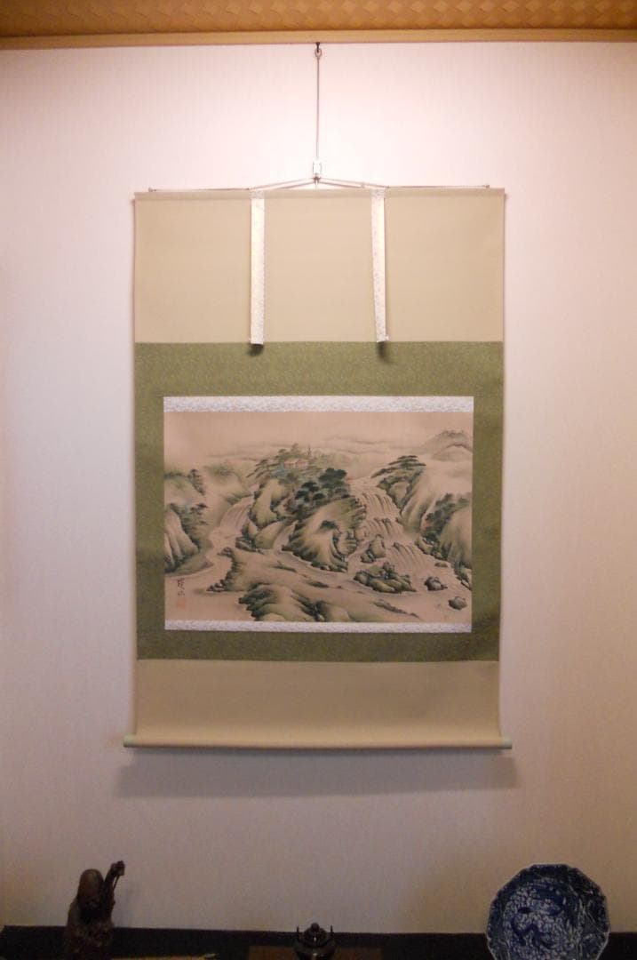 掛け軸 富田渓仙 彩色山水 絹本 希少 軸装 茶道具 掛軸 美品 です。