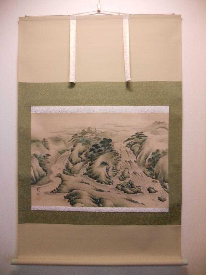 掛け軸 富田渓仙 彩色山水 絹本 希少 軸装 茶道具 掛軸 美品 です。