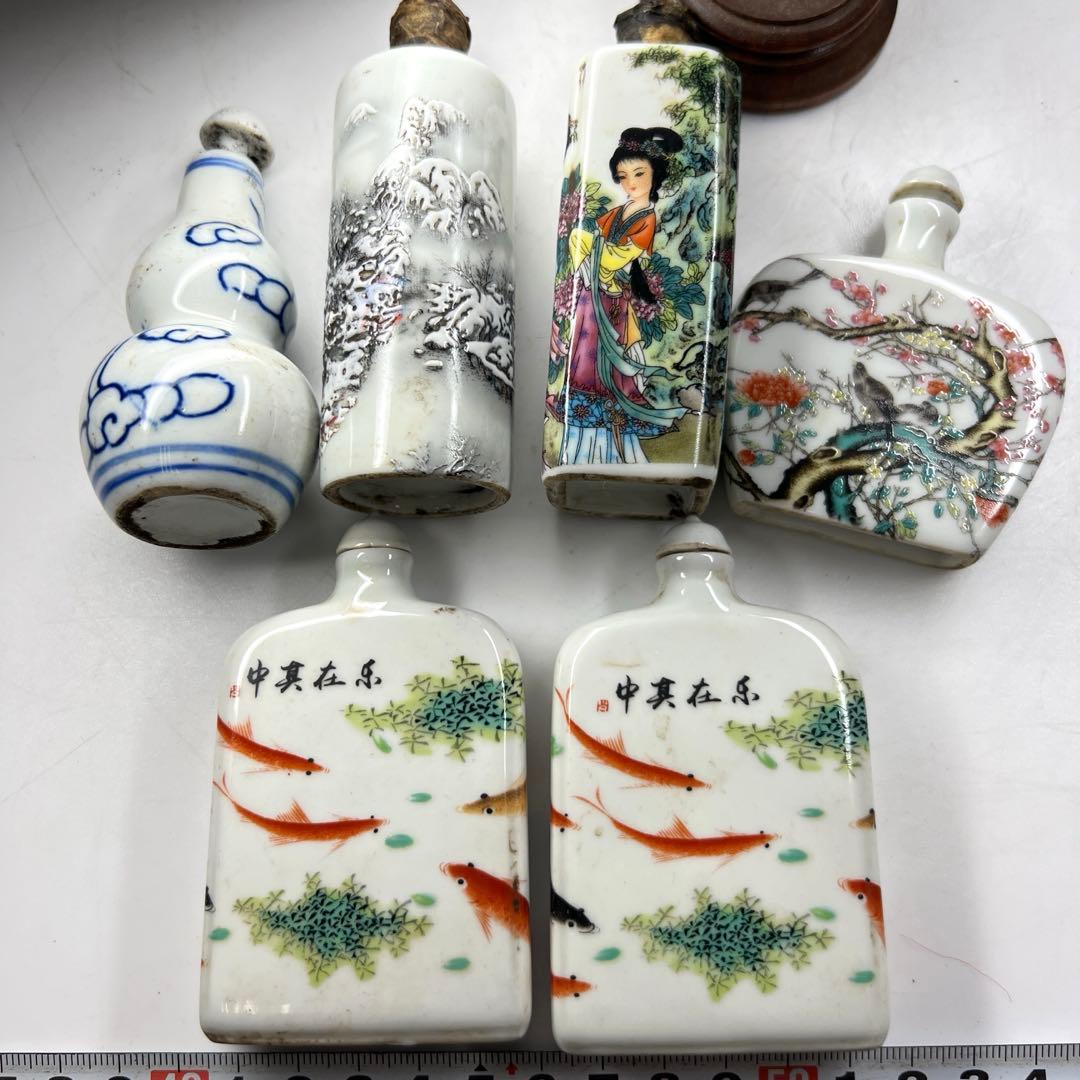 中国古玩　粉彩鼻煙香　6点と台1点　高さ約7~9.5㎝　東Y7-0512①タサオ