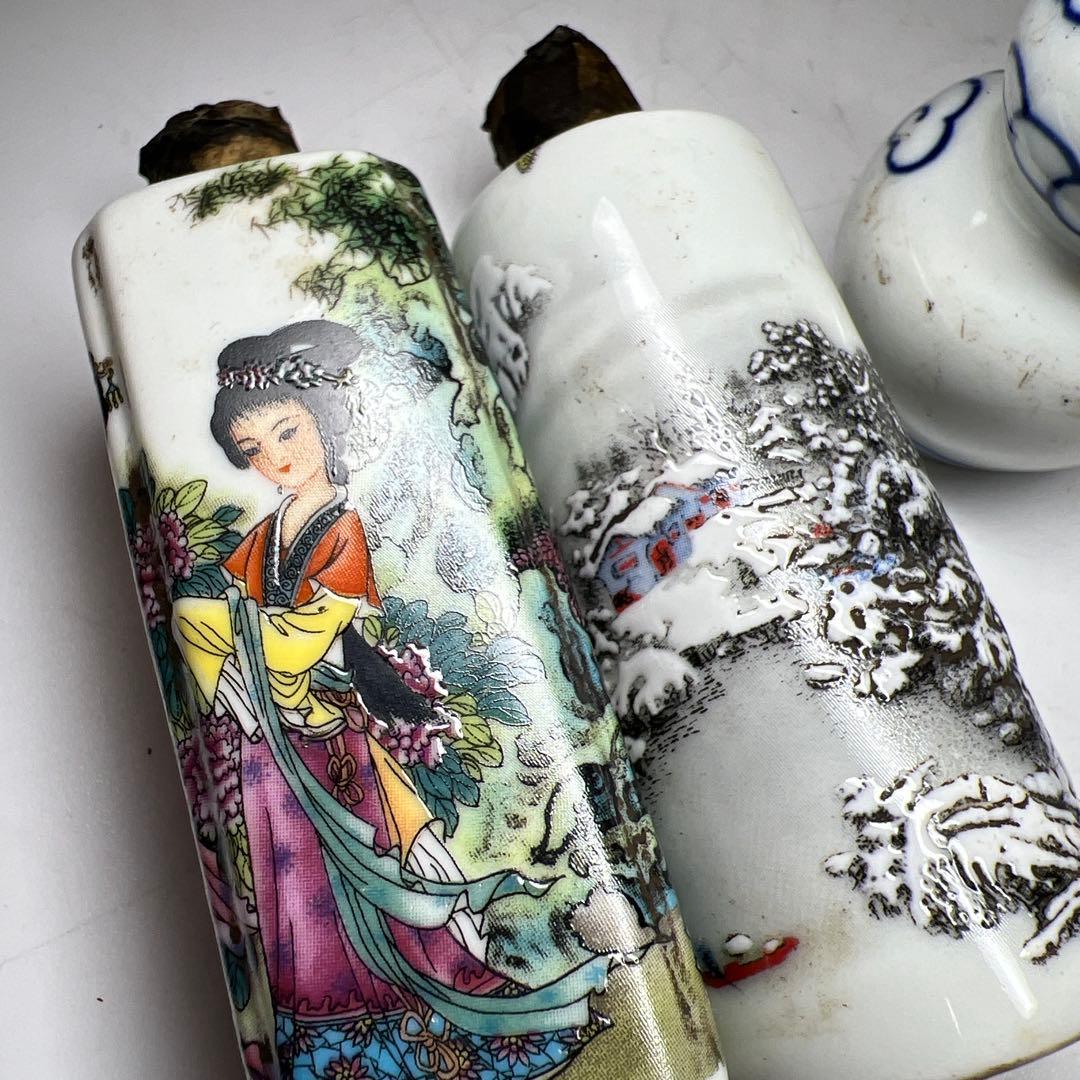 中国古玩　粉彩鼻煙香　6点と台1点　高さ約7~9.5㎝　東Y7-0512①タサオ