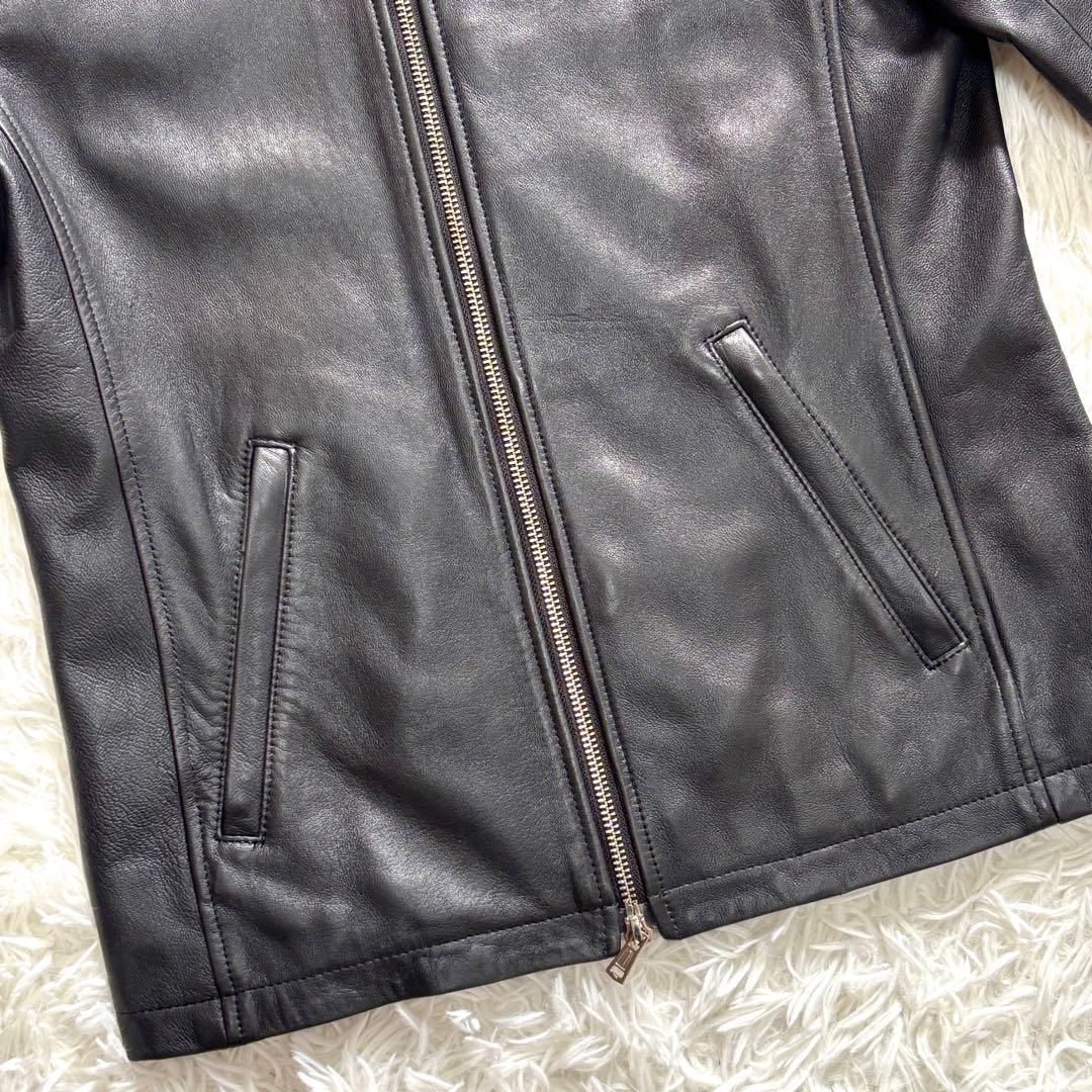 【極美品】羊革 SHIPS ラムレザー シングル ライダースジャケット 光沢黒