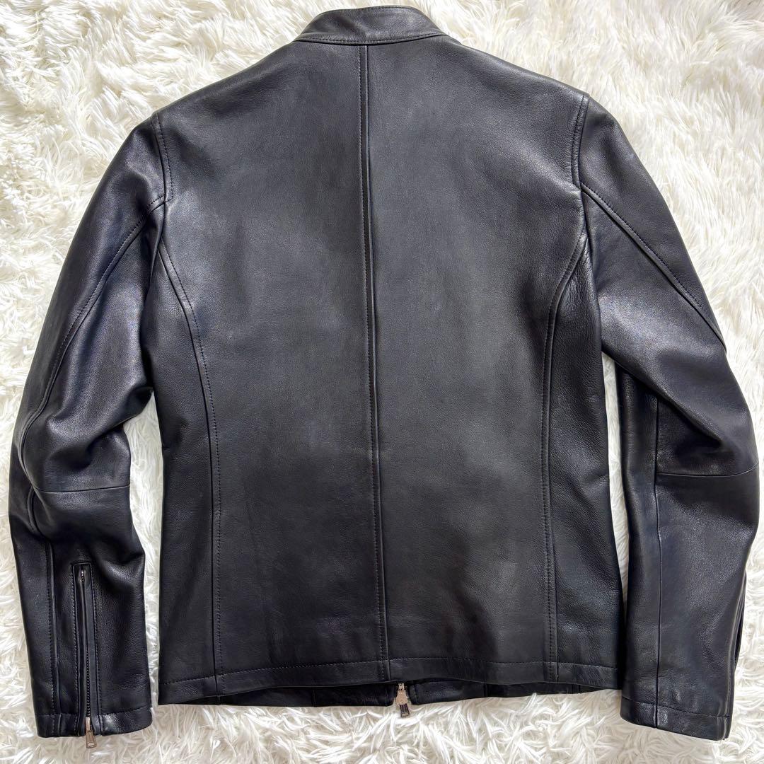 【極美品】羊革 SHIPS ラムレザー シングル ライダースジャケット 光沢黒